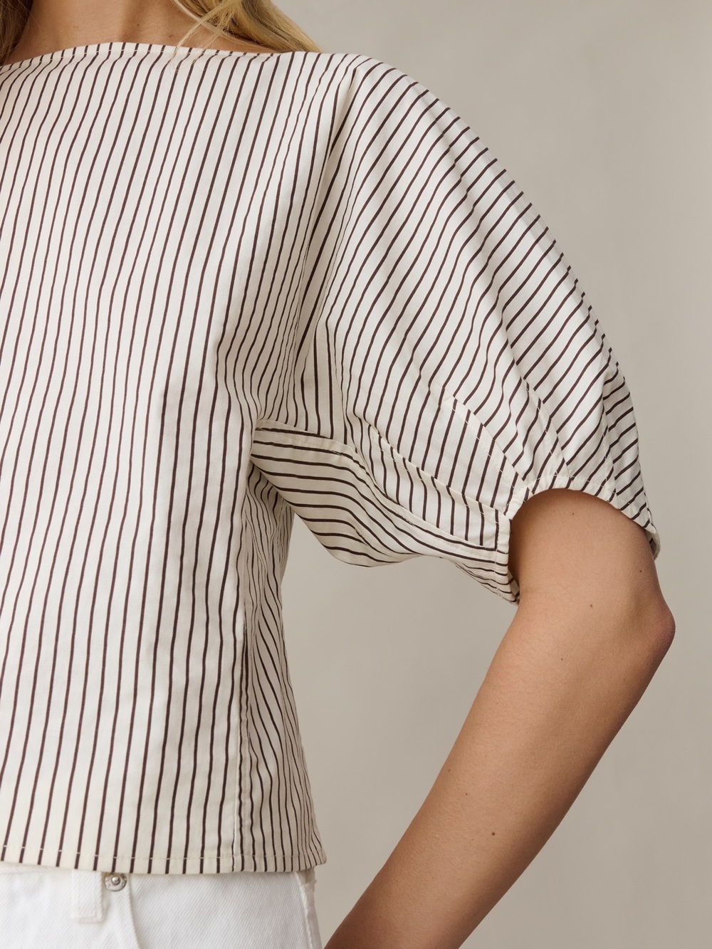 Striped Puff-Sleeve Blouse in Cream and Brown